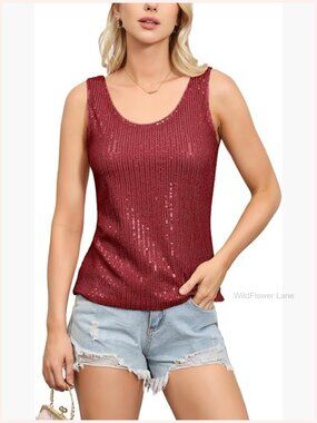 Sparkly Sequin Tank Top Scoop Neck Sleeveless Glitter Party Blouse